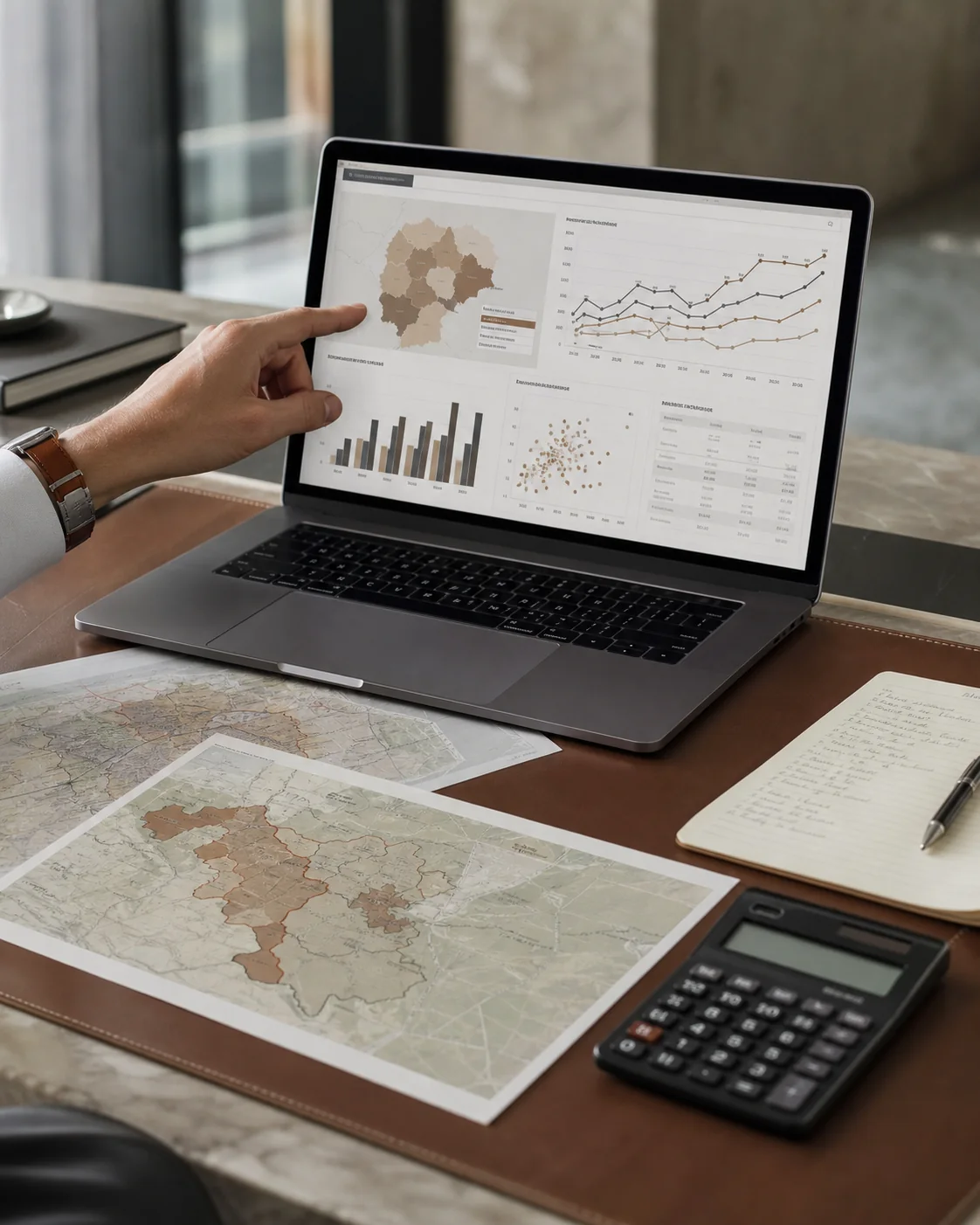 Markt- und Preisanalyse mit Laptop, Diagrammen und Standortkarten