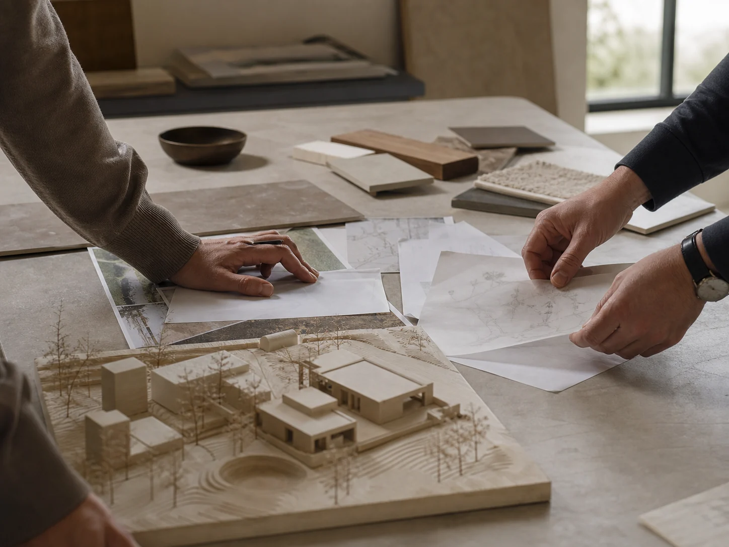 Strategiearbeit an Plänen und Architekturmodell