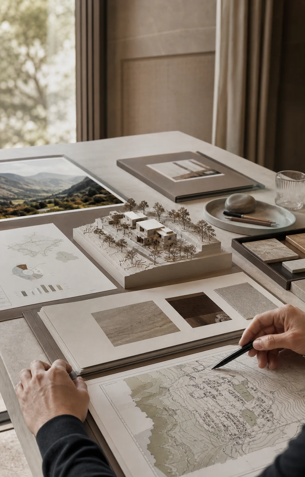 Strategische Immobilienvermarktung mit Plänen und Architekturmodell