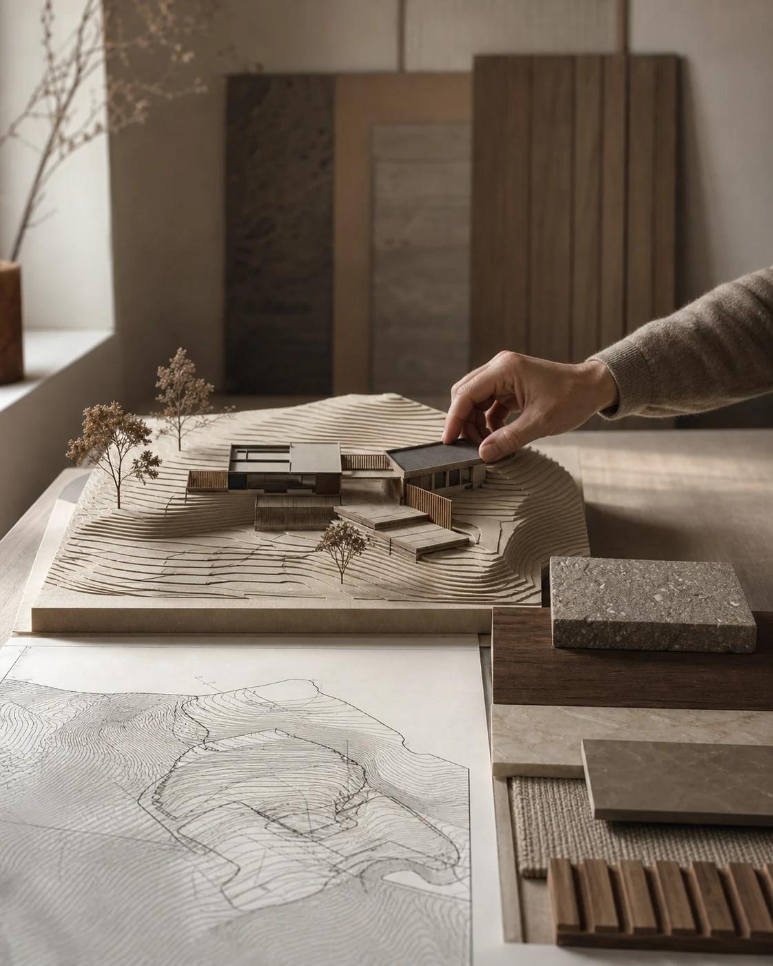 Individuelle Strategie mit Architekturmodell, Lageplan und Materialmustern