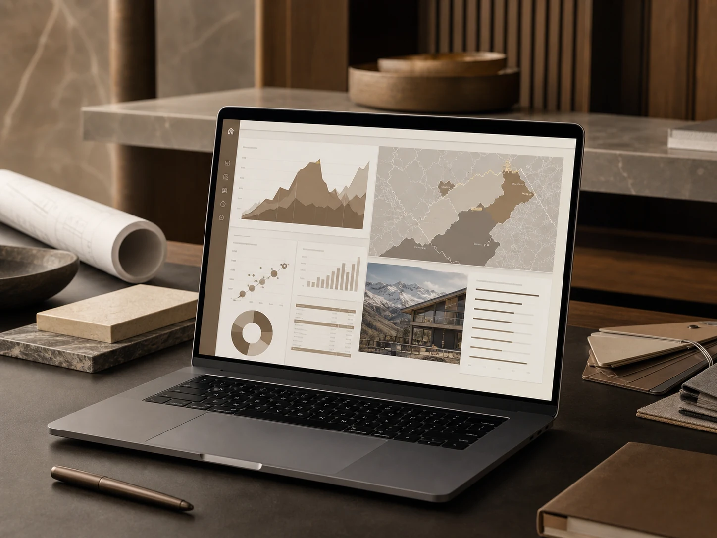 Laptop mit Immobilienmarktanalyse, Diagrammen und Standortkarte