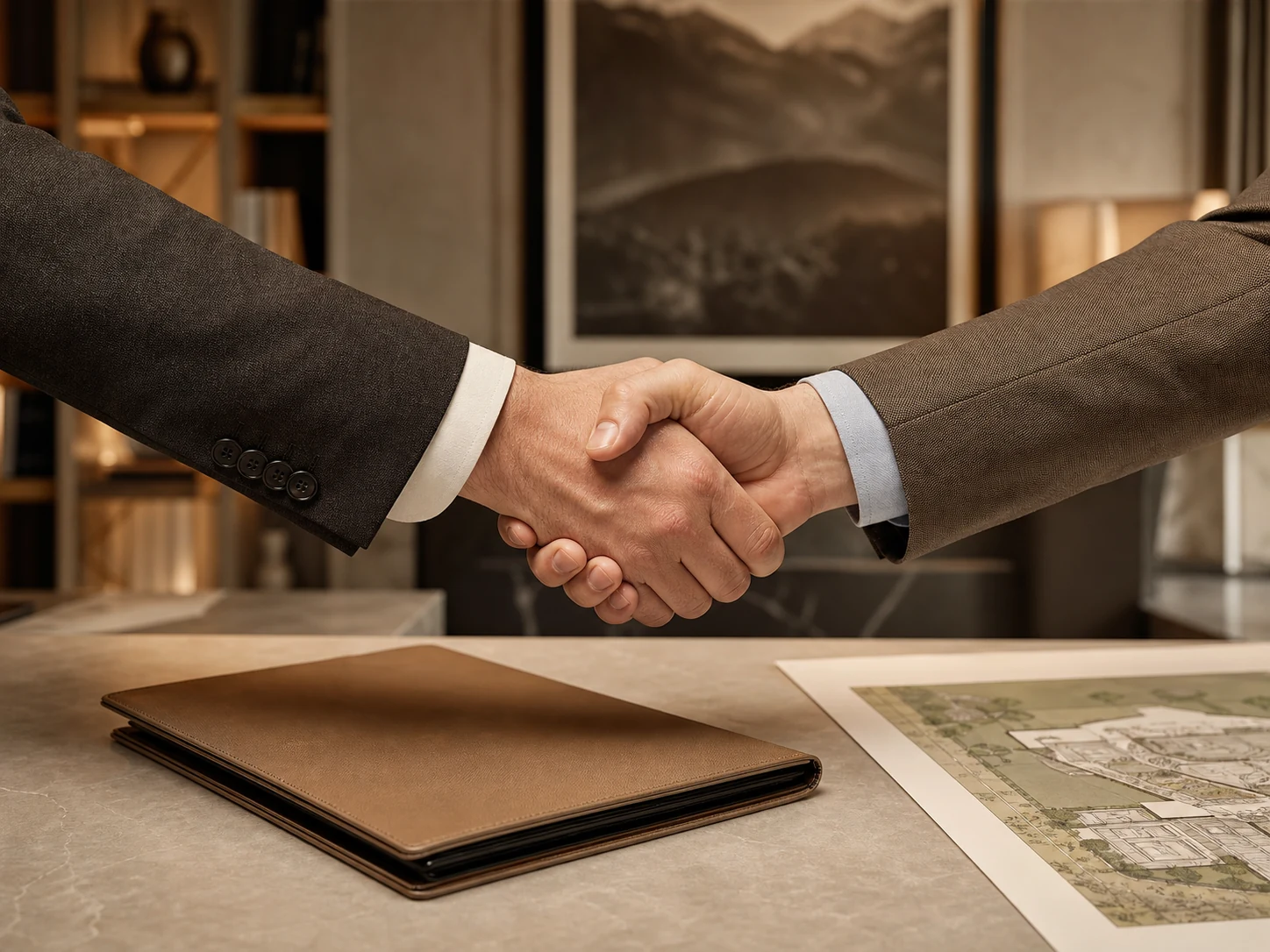 Professioneller Handschlag bei einer Immobilienvereinbarung ohne erkennbare Personen