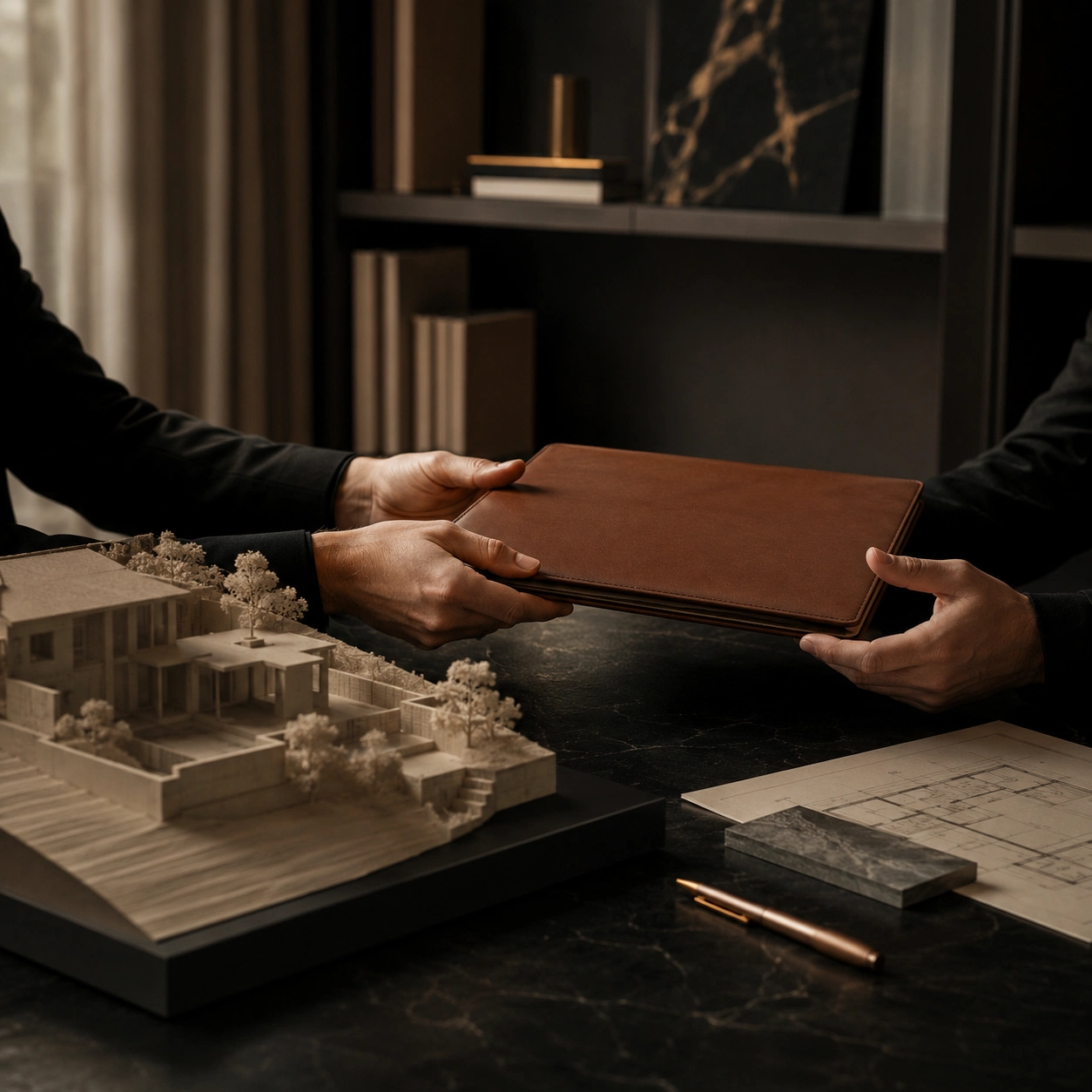 Architekturmeeting mit Projektmappe, Modell und Plänen ohne erkennbare Gesichter